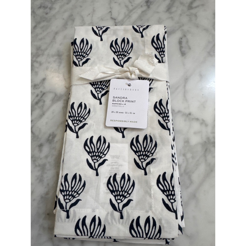 Pottery Barn Sandra Block Print Napkins Navy White Organic Cotton Set of 5 20x20
